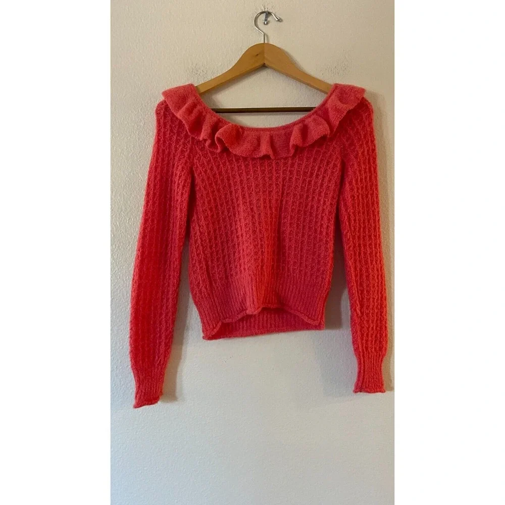 Anthropologie Ruffled Boat Neck Sweater Size XS Coral Pink Fuzzy Knit Wool Blend